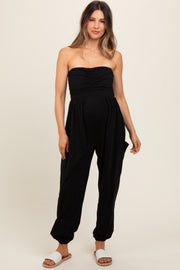 Black Strapless Ruched Top Maternity Jumpsuit