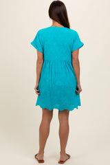 Turquoise Eyelet Button Front Short Sleeve Maternity Dress