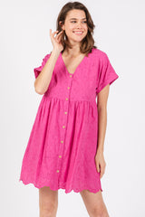 Fuchsia Eyelet Button Front Short Sleeve Maternity Dress