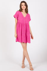 Fuchsia Eyelet Button Front Short Sleeve Dress