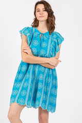 Turquoise Embroidered Flutter Sleeve Dress