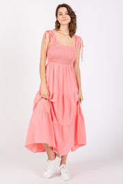 Coral Smocked Sleeveless Drawstring Shoulder Tiered Midi Dress