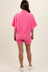 Fuchsia Textured Button Front Short Sleeve Maternity Romper