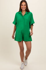 Green Textured Button Front Short Sleeve Maternity Romper