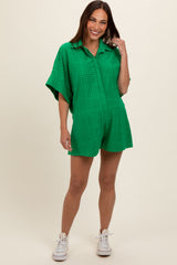 Green Textured Button Front Short Sleeve Maternity Romper