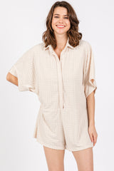 Cream Textured Button Front Short Sleeve Maternity Romper