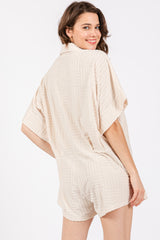 Cream Textured Button Front Short Sleeve Romper