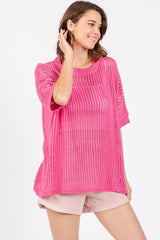 Fuchsia Crochet Knit Short Dolman Sleeve Top