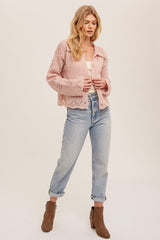 Light Pink Pointelle Collared Button Down Sweater Cardigan