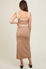 Taupe Ribbed Square Neck Side Slit Maternity Dress