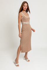 Taupe Ribbed Square Neck Side Slit Dress