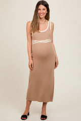 Taupe Ribbed Square Neck Side Slit Maternity Dress