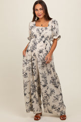 White Floral Smocked Square Neck Wide Leg Maternity Jumpsuit