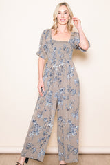 Taupe Floral Smocked Square Neck Wide Leg Jumpsuit