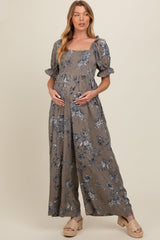 Taupe Floral Smocked Square Neck Wide Leg Maternity Jumpsuit