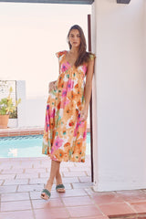 Multi Color Floral V-Neckline Short Sleeve Dress