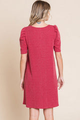 Burgundy Washed Ribbed Puff Sleeve Dress