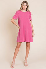 Fuchsia Washed Ribbed Puff Sleeve Dress