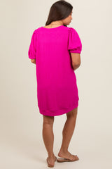 Fuchsia Textured Stripe Knit Short Puff Sleeve Maternity Dress