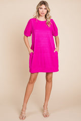 Fuchsia Textured Stripe Knit Short Puff Sleeve Dress