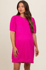 Fuchsia Textured Stripe Knit Short Puff Sleeve Maternity Dress