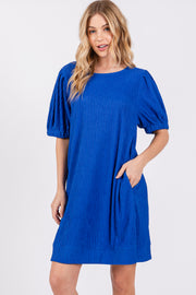 Royal Blue Textured Stripe Knit Short Puff Sleeve Dress