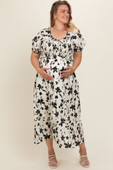 Cream Floral Puff Sleeve Maternity Plus Midi Dress