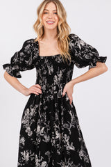 Black Floral Smocked Square Neck Wide Leg Jumpsuit