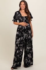 Black Floral Smocked Square Neck Wide Leg Maternity Jumpsuit