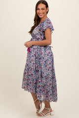 Blue Floral Chiffon Flutter Sleeve Ruffle Hem Maternity Midi Dress