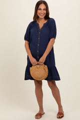 Navy Blue Button Front Short Puff Sleeve Maternity Dress