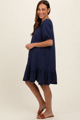 Navy Blue Button Front Short Puff Sleeve Maternity Dress