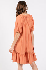 Peach Button Front Short Puff Sleeve Dress