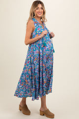 Teal Floral Ruffle Mock Neck Tiered Sleeveless Maternity Midi Dress