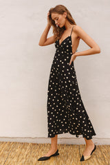 Black Polka Dot Lace Up Button Back Midi Dress