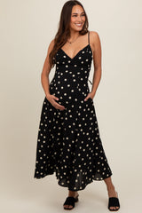 Black Polka Dot Lace Up Button Back Maternity Midi Dress