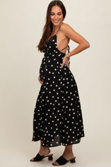 Black Polka Dot Lace Up Button Back Maternity Midi Dress