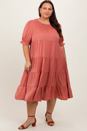 Salmon Satin Tiered Plus Dress