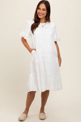 White Floral Embroidered Ruffle Short Sleeve Tiered Maternity Dress