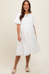 White Floral Embroidered Ruffle Short Sleeve Tiered Maternity Dress