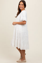 White Floral Embroidered Ruffle Short Sleeve Tiered Maternity Dress