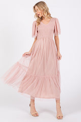 Light Pink Mesh Smocked Maternity Midi Dress