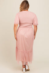 Light Pink Mesh Smocked Plus Maternity Midi Dress