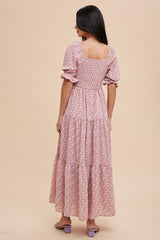 Dusty Rose Rosette Sweetheart Neck Floral Tiered Dress