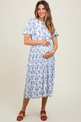 Blue Floral Peated Maternity Midi Dress