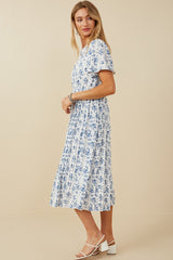 Blue Floral Peated Midi Dress