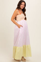 Multi-Color Striped Color Block Shoulder Tie Maternity Maxi Dress