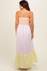 Multi-Color Striped Color Block Shoulder Tie Maternity Maxi Dress