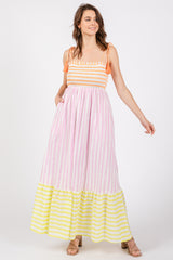 Multi-Color Striped Color Block Shoulder Tie Maternity Maxi Dress