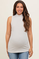 Cream Ribbed Mock Neck Sleeveless Maternity Top